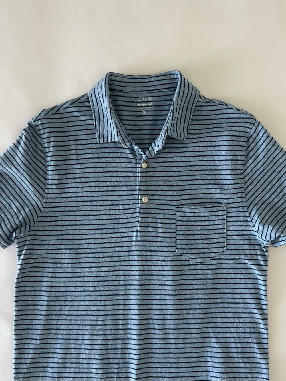 J.Crew Slub Cotton Stripe Men's Medium Blue Pocket Polo Shirt Preppy Collegiate